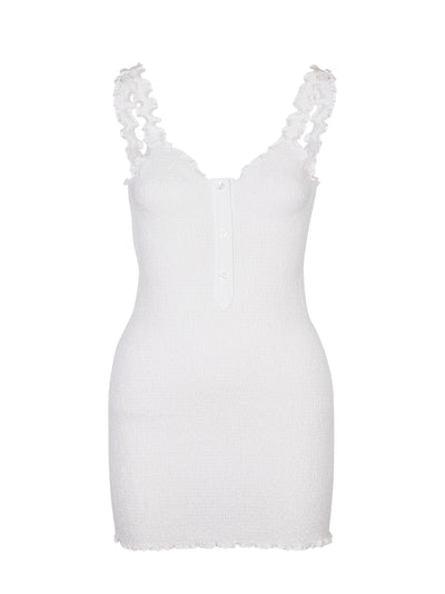 Smocked Tank Dress With Front Button Placket (White)