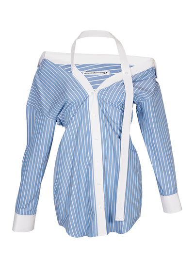 Button Down Dress With Contrast Placket Detail (Blue/White)