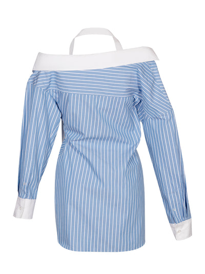 Button Down Dress With Contrast Placket Detail (Blue/White)