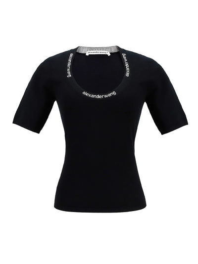 Bodycon T-Shirt With Logo Jacquard Trims (Black)