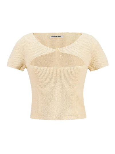 Boucle V Neck Short Sleeve Tee with Cutout (Vanilla Ice)