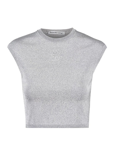 Cap Sleeve Tee With Embossed Logo Silver