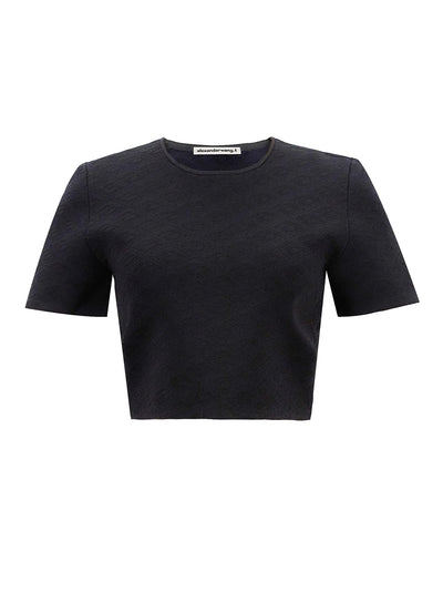 Crop T-Shirt in Compact Nylon Jacquard (Black)