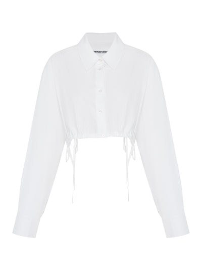 Cropped Drawstring Blouse In Cotton Crystal Hotfix Poplin (White)