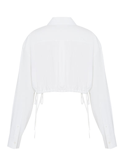 Cropped Drawstring Blouse In Cotton Crystal Hotfix Poplin (White)