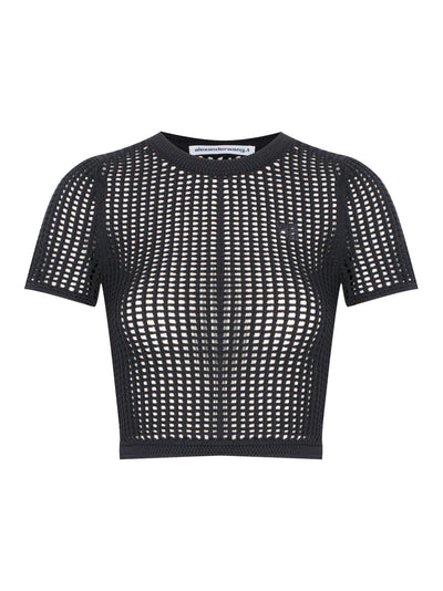 Cropped Short Sleeve Top With Embossed Logo (Black)