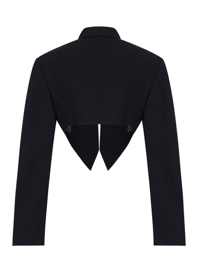 Cropped Tuxedo-Style Blazer With Pointed Hem (Black)