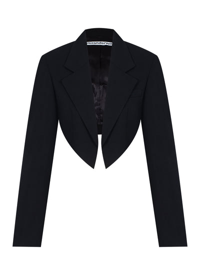Cropped Tuxedo-Style Blazer With Pointed Hem (Black)