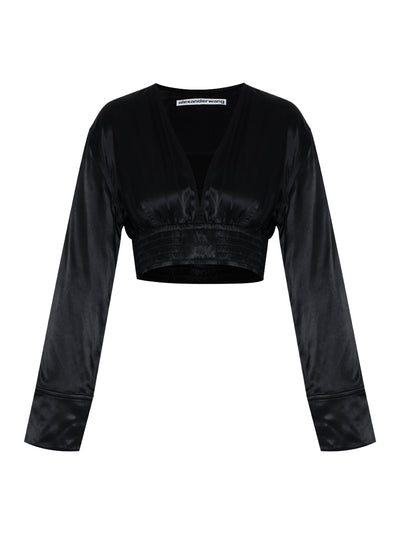 Cropped V-Neck Blouse (Black)
