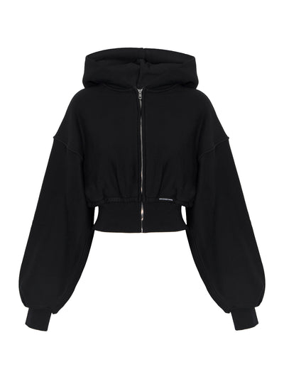 Cropped Zip Up Hoodie With Branded Seam Label Faded (Black)