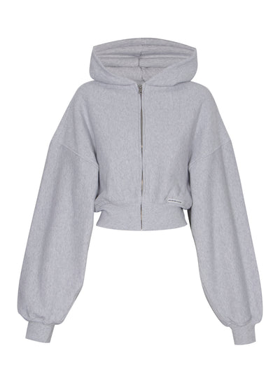 Cropped Zip Up Hoodie With Branded Seam Label (Light Heather Grey)