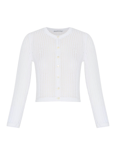 Knit Cropped Crewneck Cardigan W/ Embroidered Logo (White)