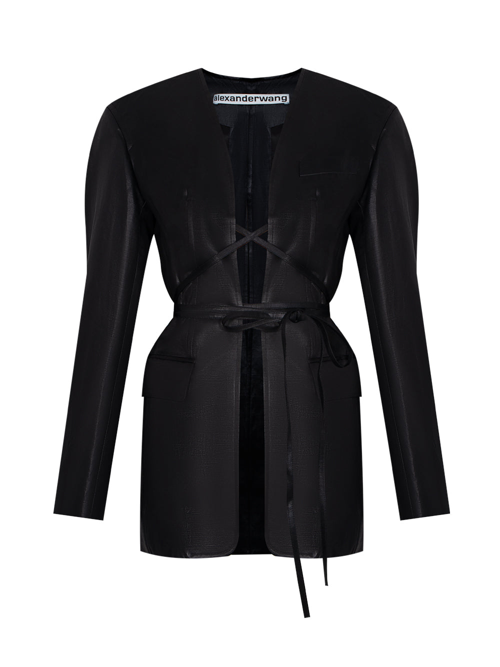 Open Front Blazer With Self-Tie Closure in Linen Chintz (Black)