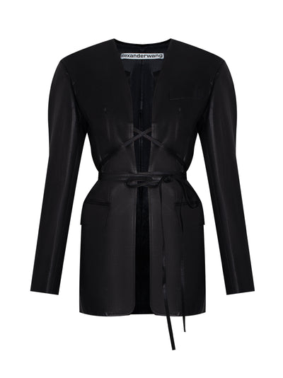 Open Front Blazer With Self-Tie Closure in Linen Chintz (Black)