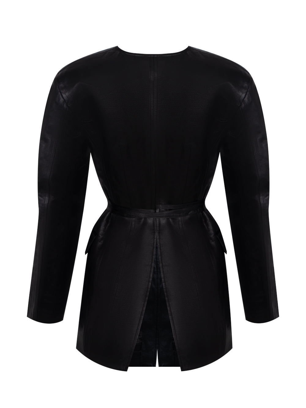 Open Front Blazer With Self-Tie Closure in Linen Chintz (Black)