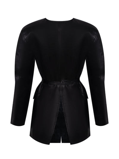 Open Front Blazer With Self-Tie Closure in Linen Chintz (Black)