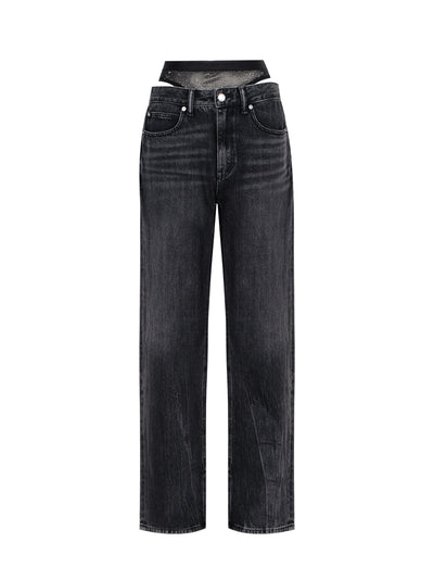 Pre-Styled Straight Leg Slit Hem Jeans (Grey Aged)