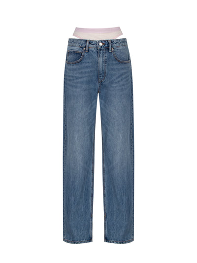 Pre-Styled Straight Leg Slit Hem Jeans (Vintage Medium Indigo)