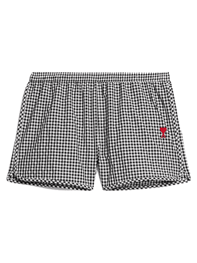 Ami Logo Motif Embroidered Check Swim Shorts (Black)