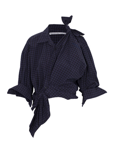 Asymmetric Button Up Shirt (Navy Plaid)