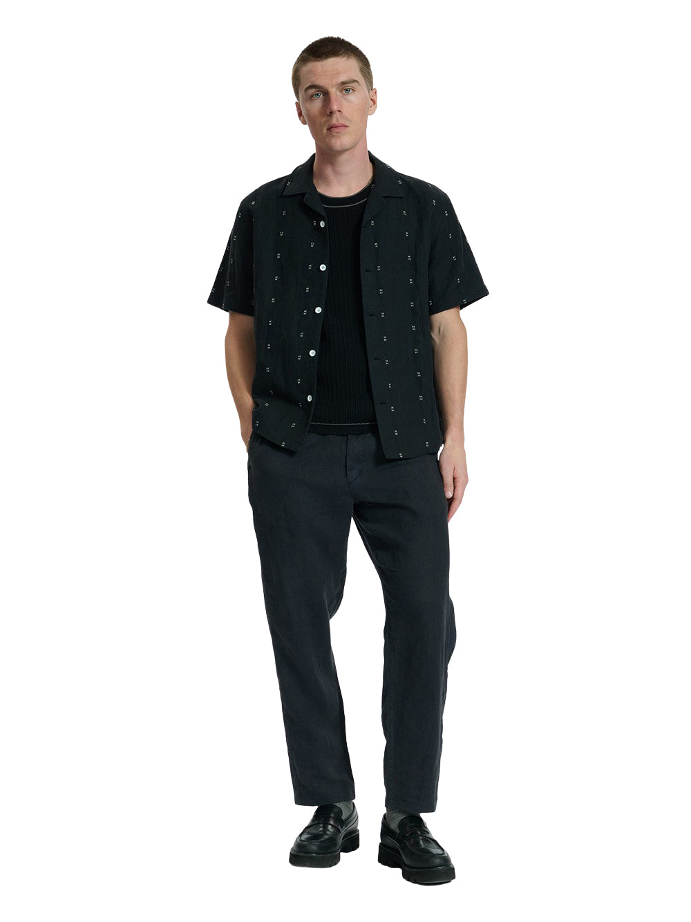 Avery Embroidered Camp Shirt (Black Remi Stripe)