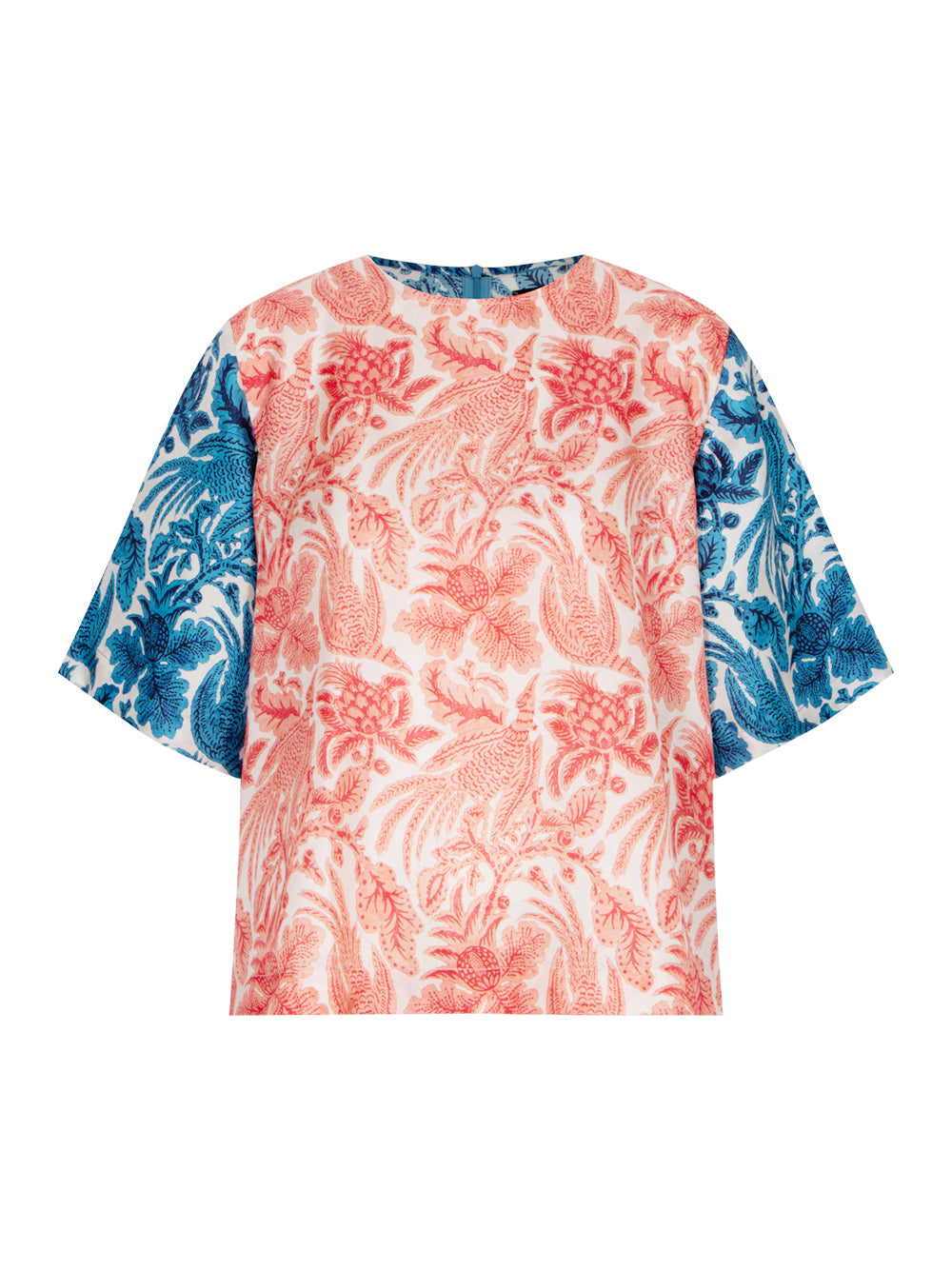 Mix Silk Printed Short Sleeve Blouse Coral-Ocean Blue