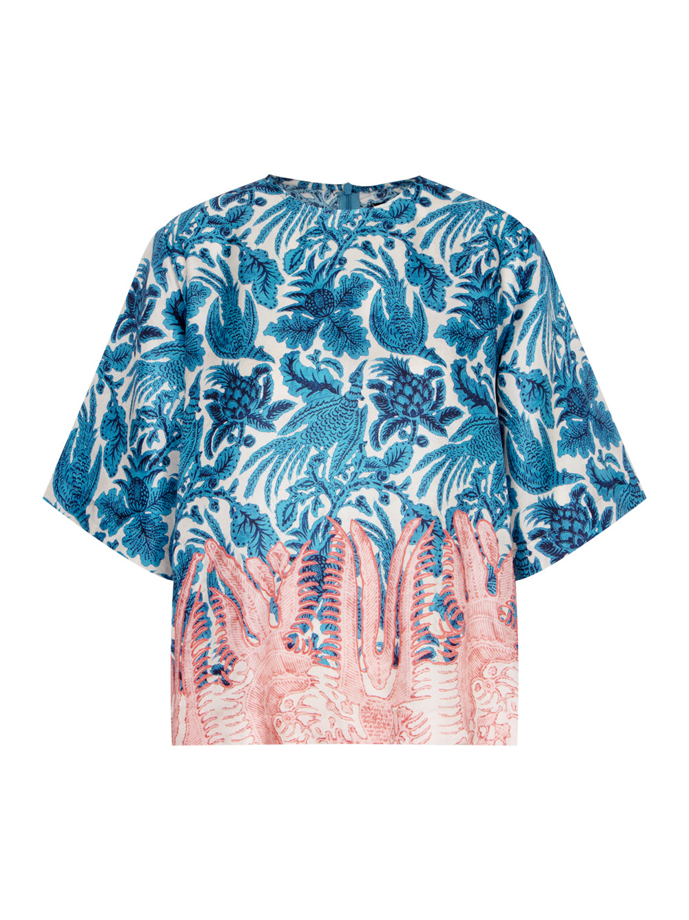 Silk Printed Patchwork Short Sleeve Blouse Ocean Blue - Blush