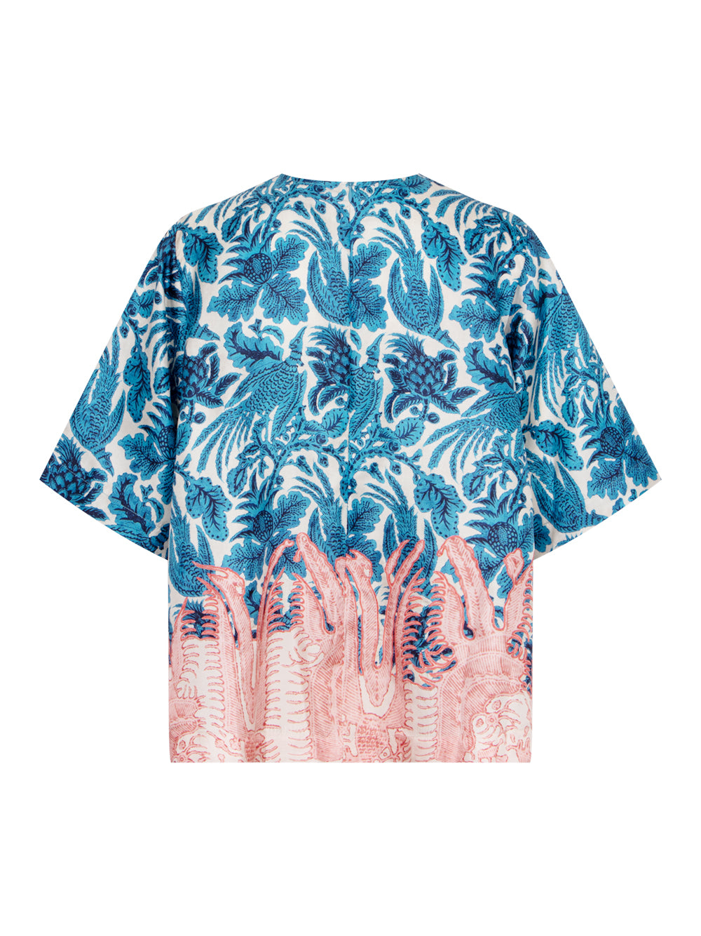 Silk Printed Patchwork Short Sleeve Blouse Ocean Blue - Blush