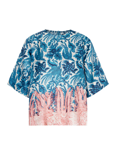 Silk Printed Patchwork Short Sleeve Blouse Ocean Blue - Blush