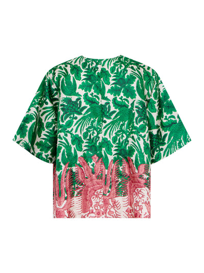 Silk Printed Patchwork Short Sleeve Blouse Emerald - Coral