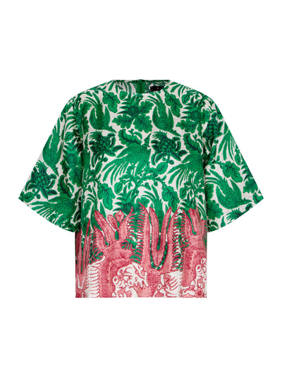 Silk Printed Patchwork Short Sleeve Blouse Emerald - Coral