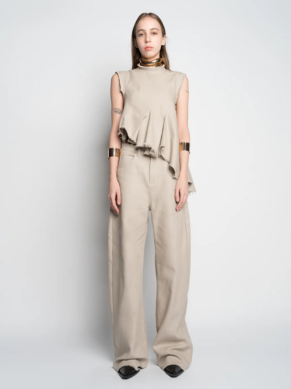 Woven Cotton Boyfriend Style Trousers Beige