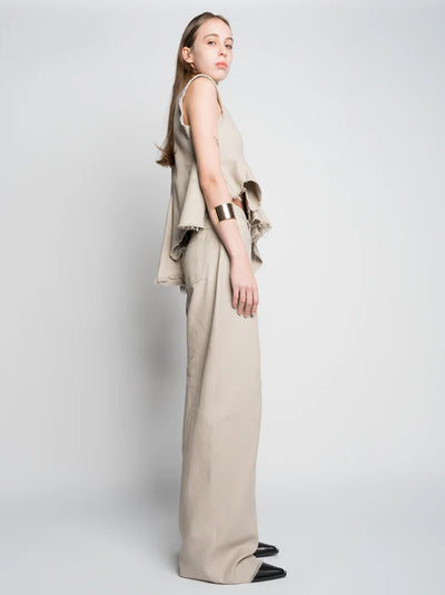 Woven Cotton Sleeveless Top With Stitched Pleats And Assymetric Flounce Hem Beige