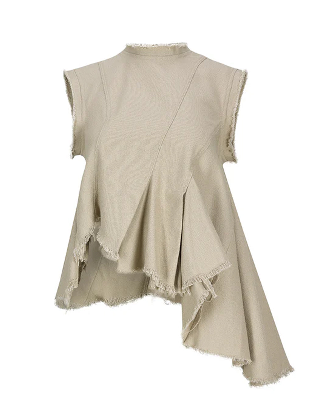 Woven Cotton Sleeveless Top With Stitched Pleats And Assymetric Flounce Hem Beige