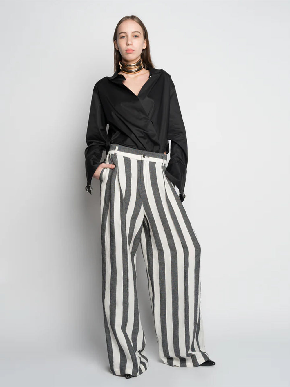 Linen Wide Leg Trousers Black White Stripes