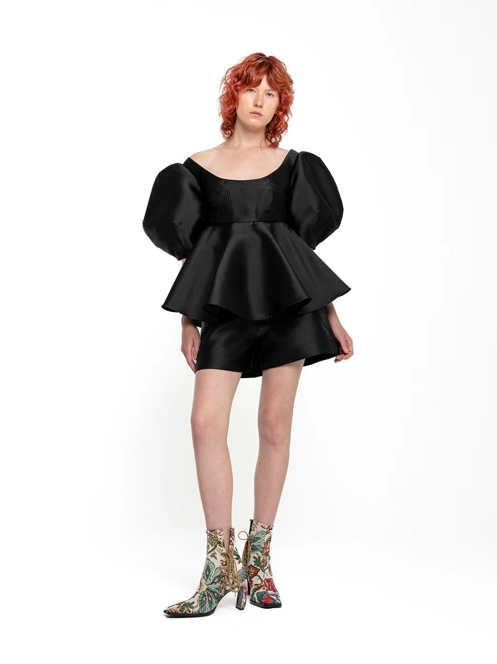 Mikado Top With Peplum And Ballon Sleeves Black