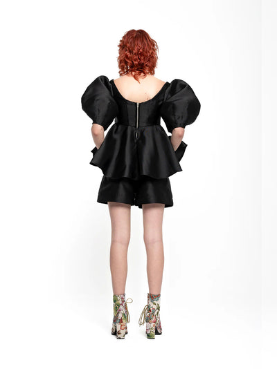 Mikado Top With Peplum And Ballon Sleeves Black