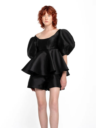 Mikado Top With Peplum And Ballon Sleeves Black