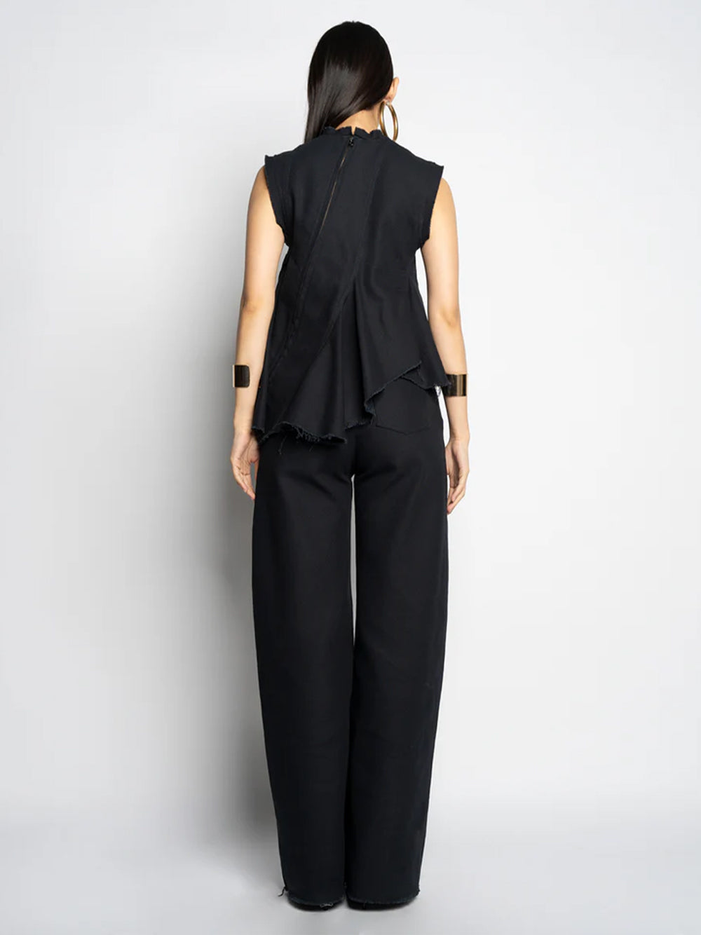 Woven Cotton Sleeveless Top With Stitched Pleats And Assymetric Flounce Hem Black