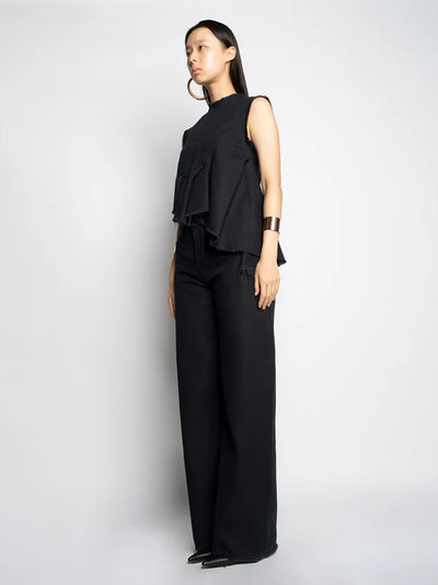 Woven Cotton Sleeveless Top With Stitched Pleats And Assymetric Flounce Hem Black