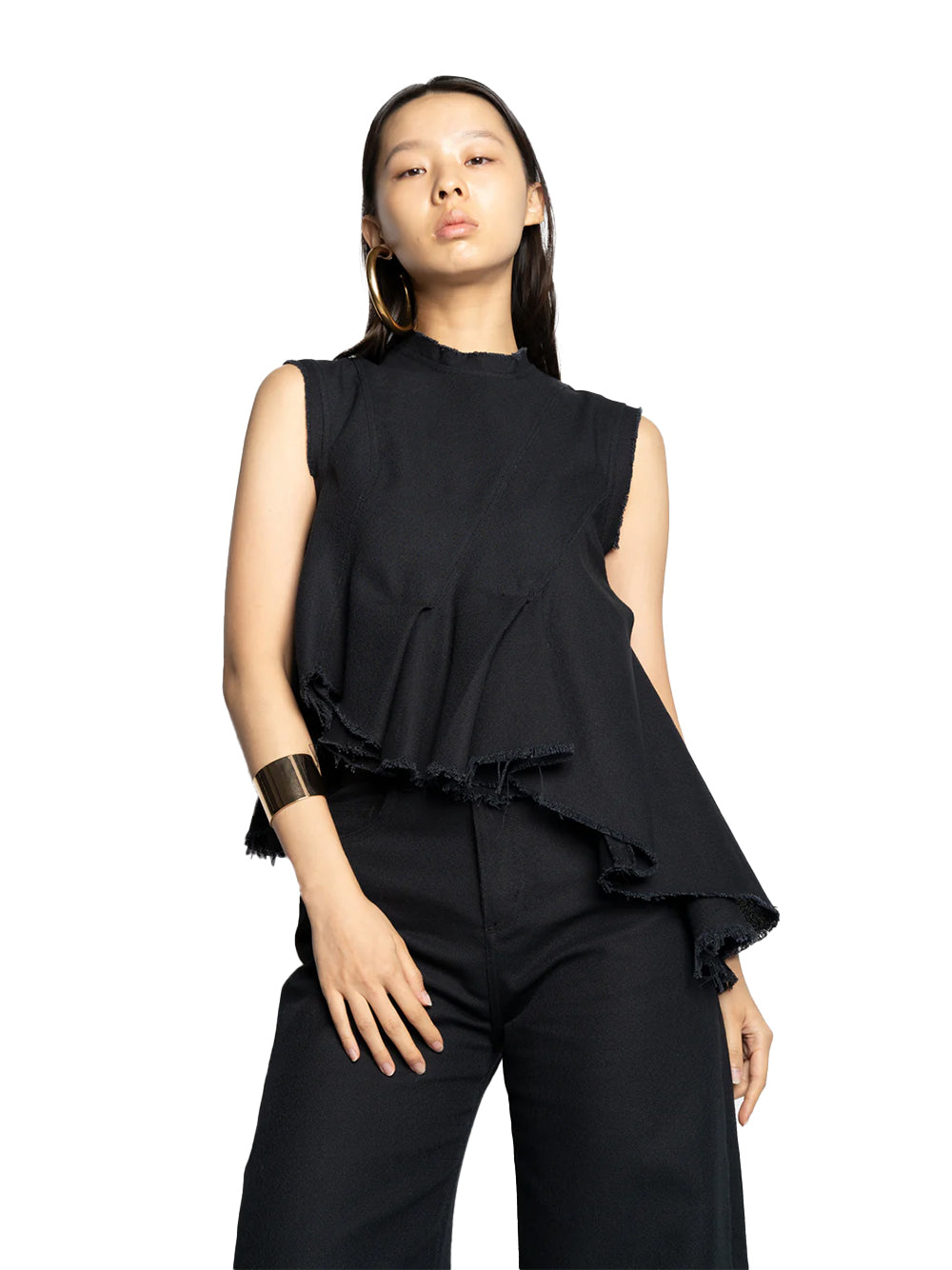 Woven Cotton Sleeveless Top With Stitched Pleats And Assymetric Flounce Hem Black