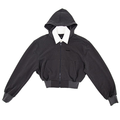 Detachable Shirt Collar Hood Zip-Up (Charcoal)