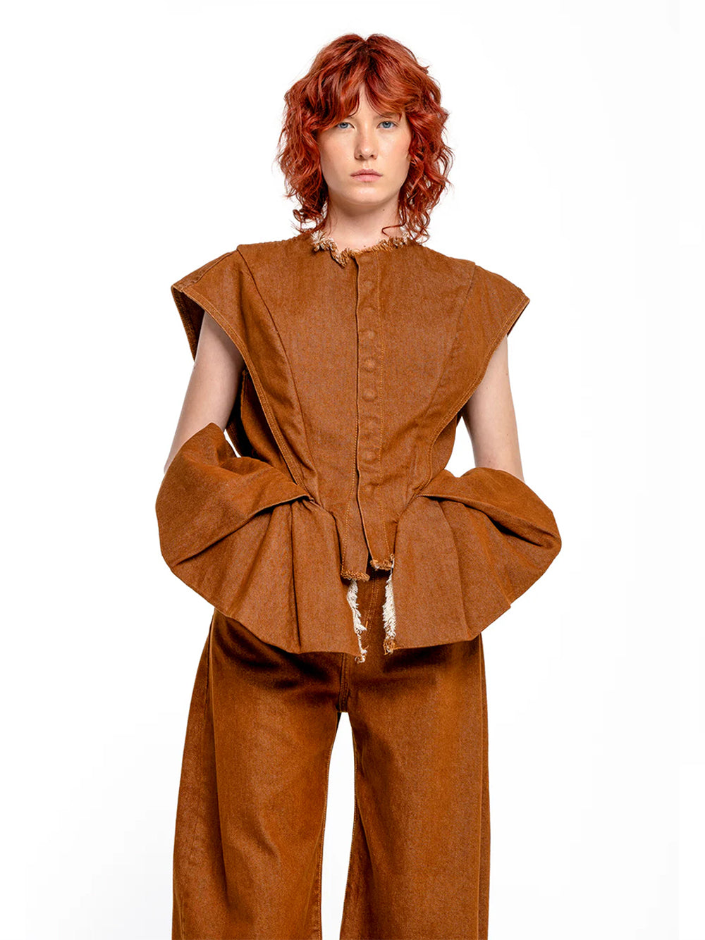 Denim Structure Shoulder Cinched Top Brown