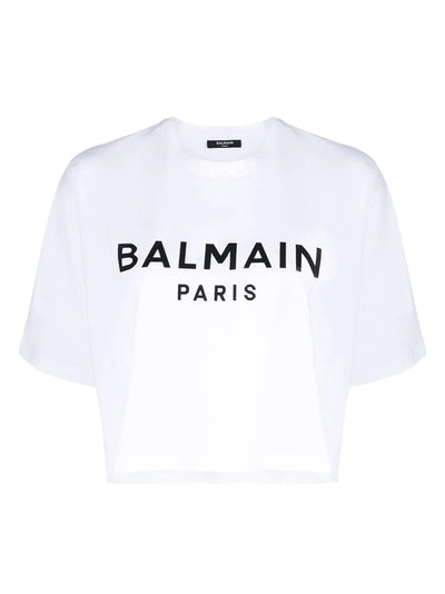 Balmain Cropped Cotton T-shirt With  Logo Print (White)