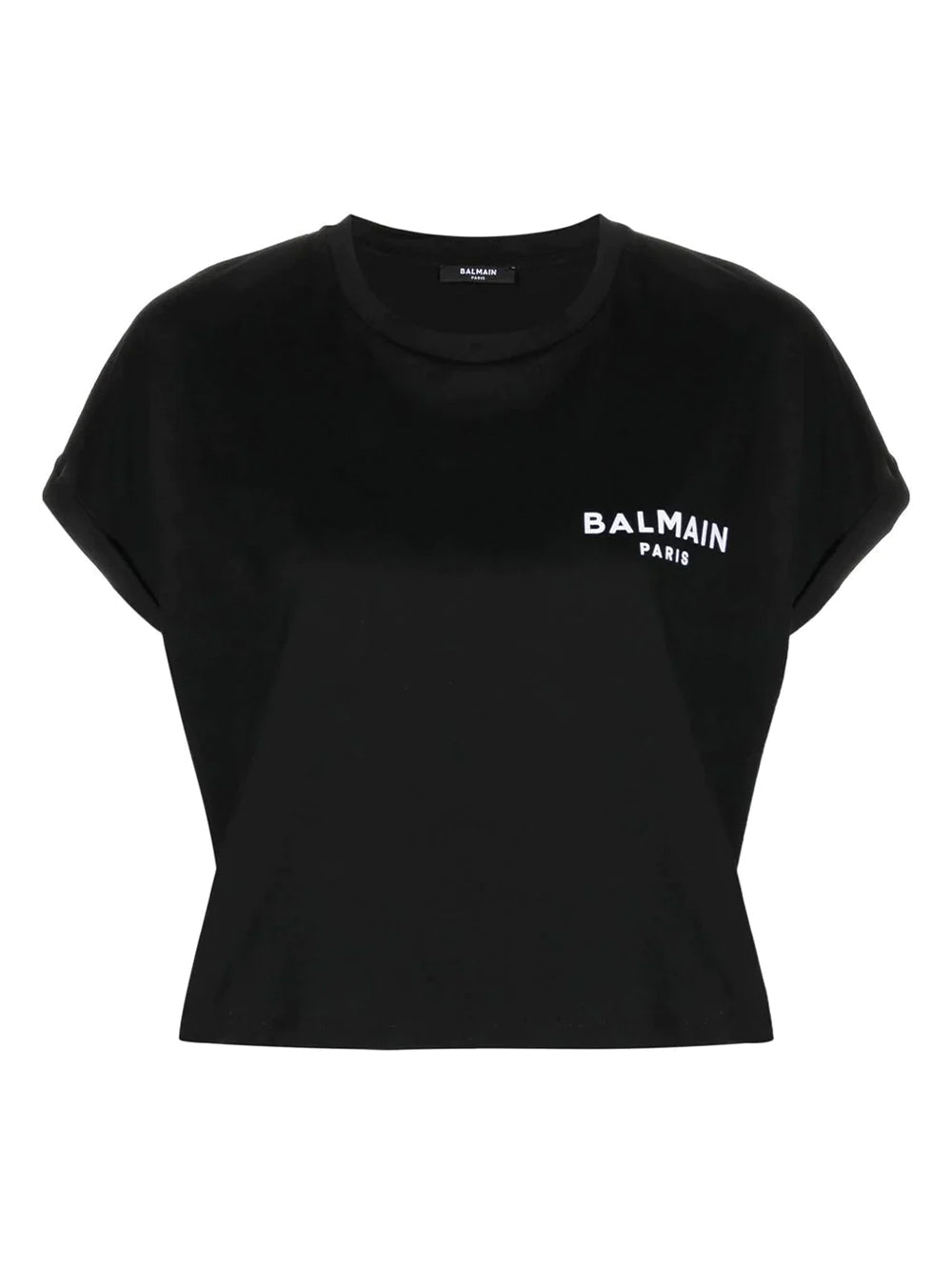 Balmain Cropped Cotton T-shirt With Small Flocked Logo (Black)