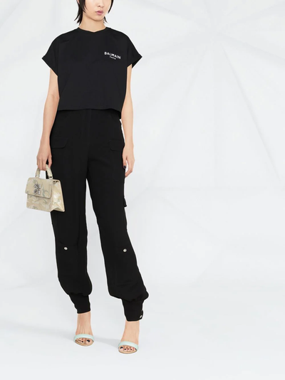 Balmain Cropped Cotton T-shirt With Small Flocked Logo (Black)