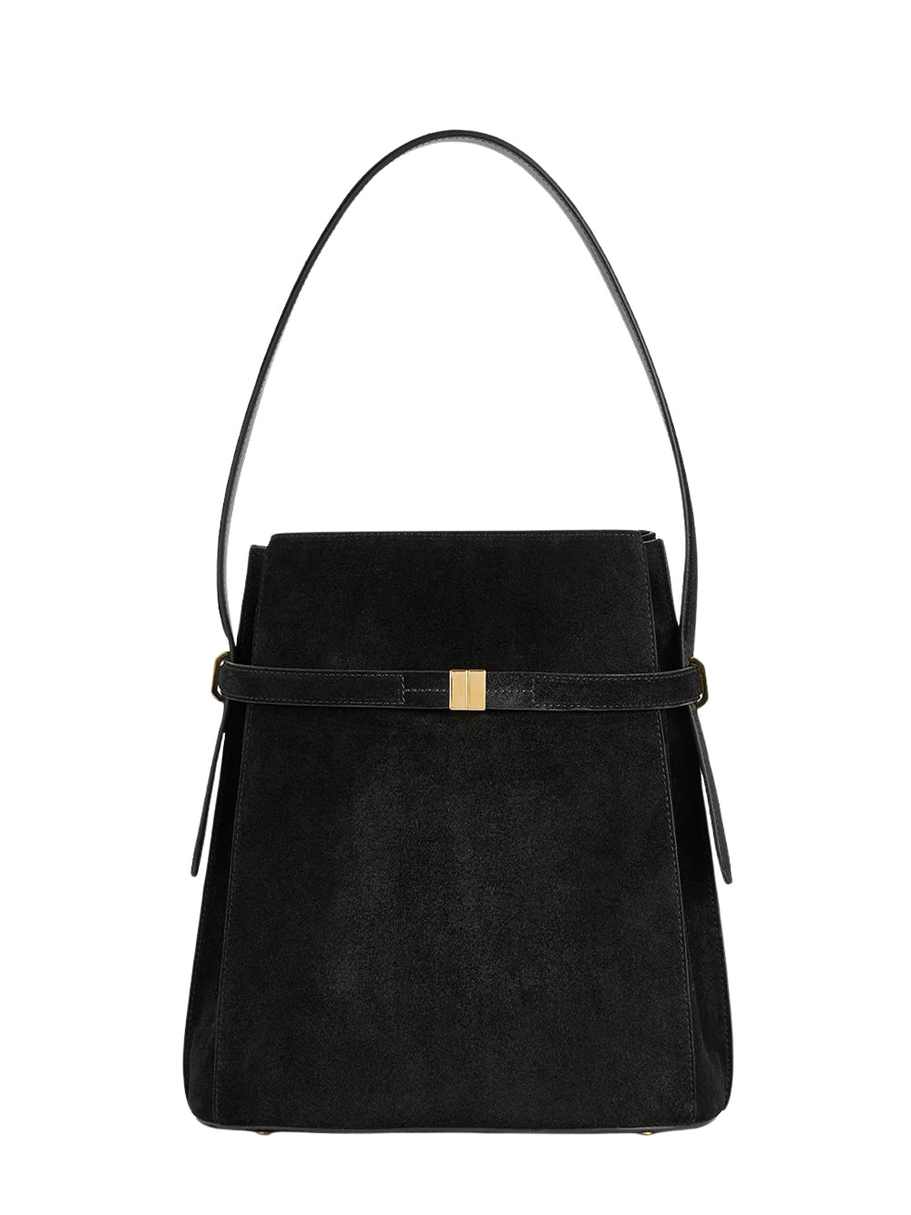 Belted Suede Bucket Bag (Black)