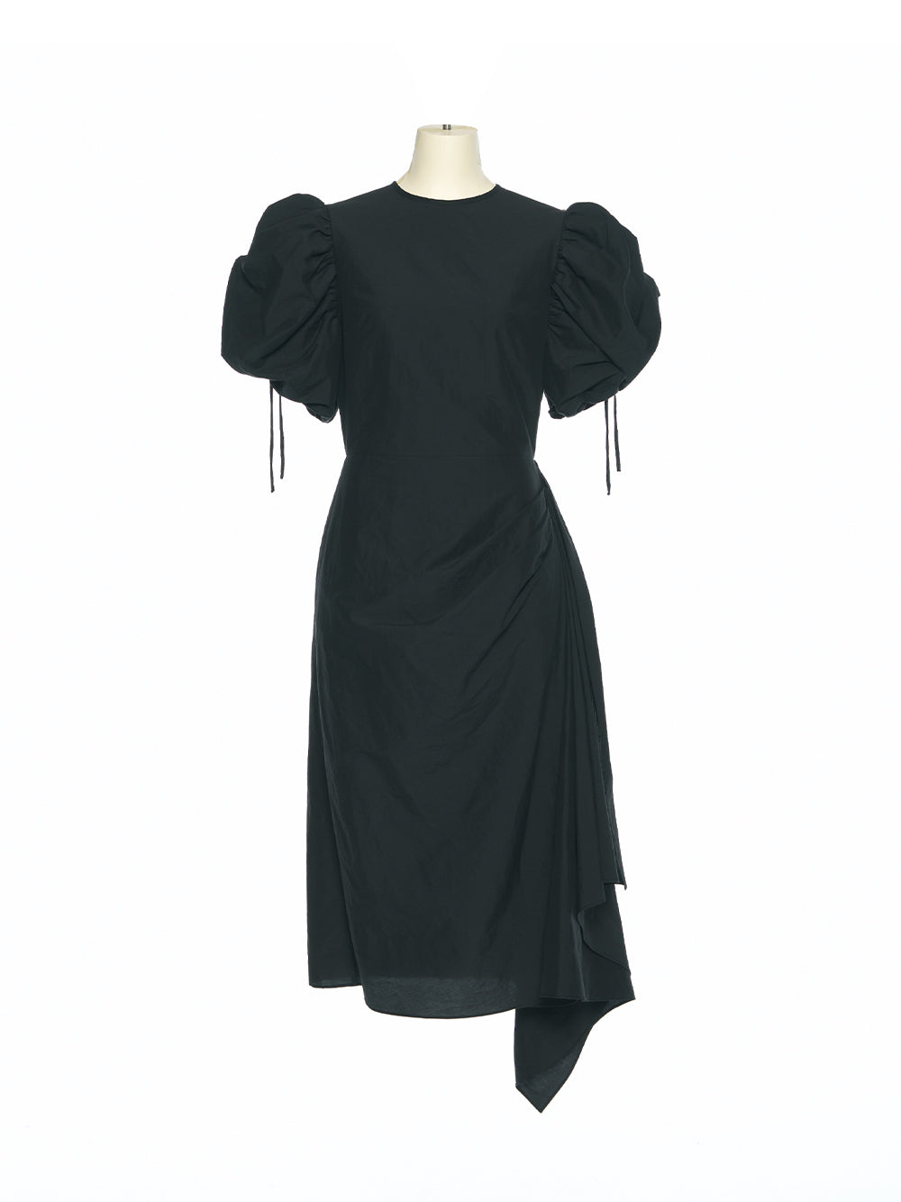 Black Puff Shoulder Asymmetric Dress (Black)