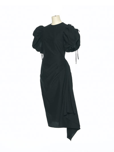 Black Puff Shoulder Asymmetric Dress (Black)