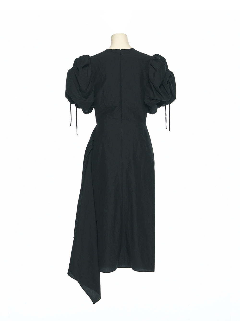 Black Puff Shoulder Asymmetric Dress (Black)